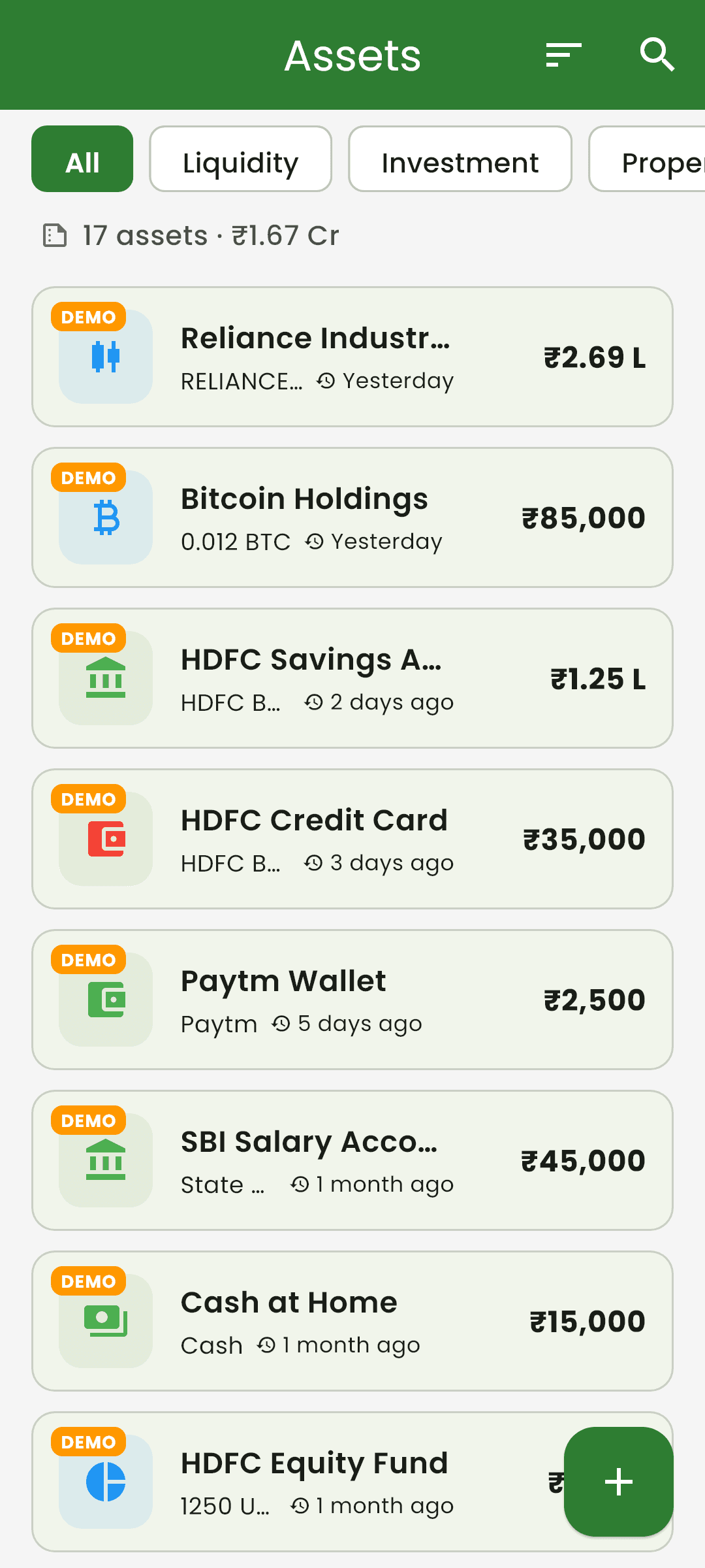 Asset vault listing assets grouped by category