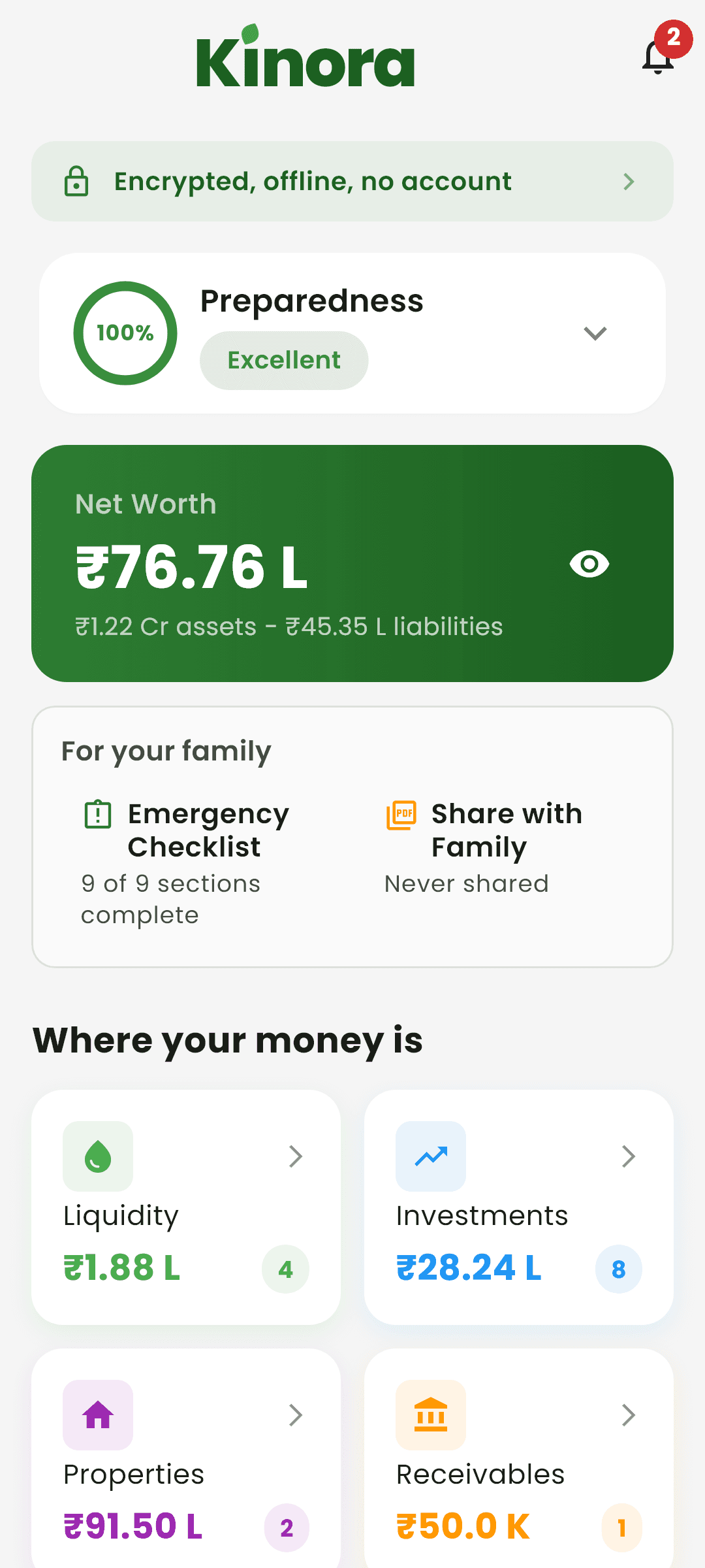Kinora dashboard showing the Family Readiness Score and asset summary