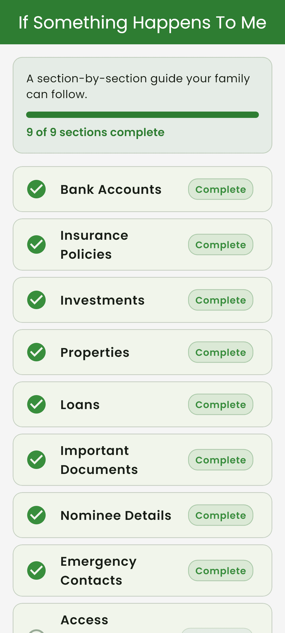 Emergency checklist showing step-by-step actions for the family