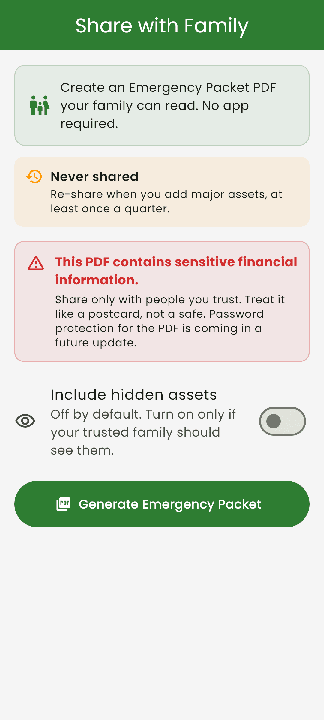 The generated Emergency Packet PDF that can be shared with family