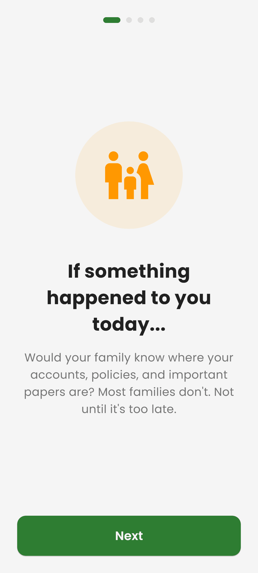 Kinora onboarding screen introducing the family vault